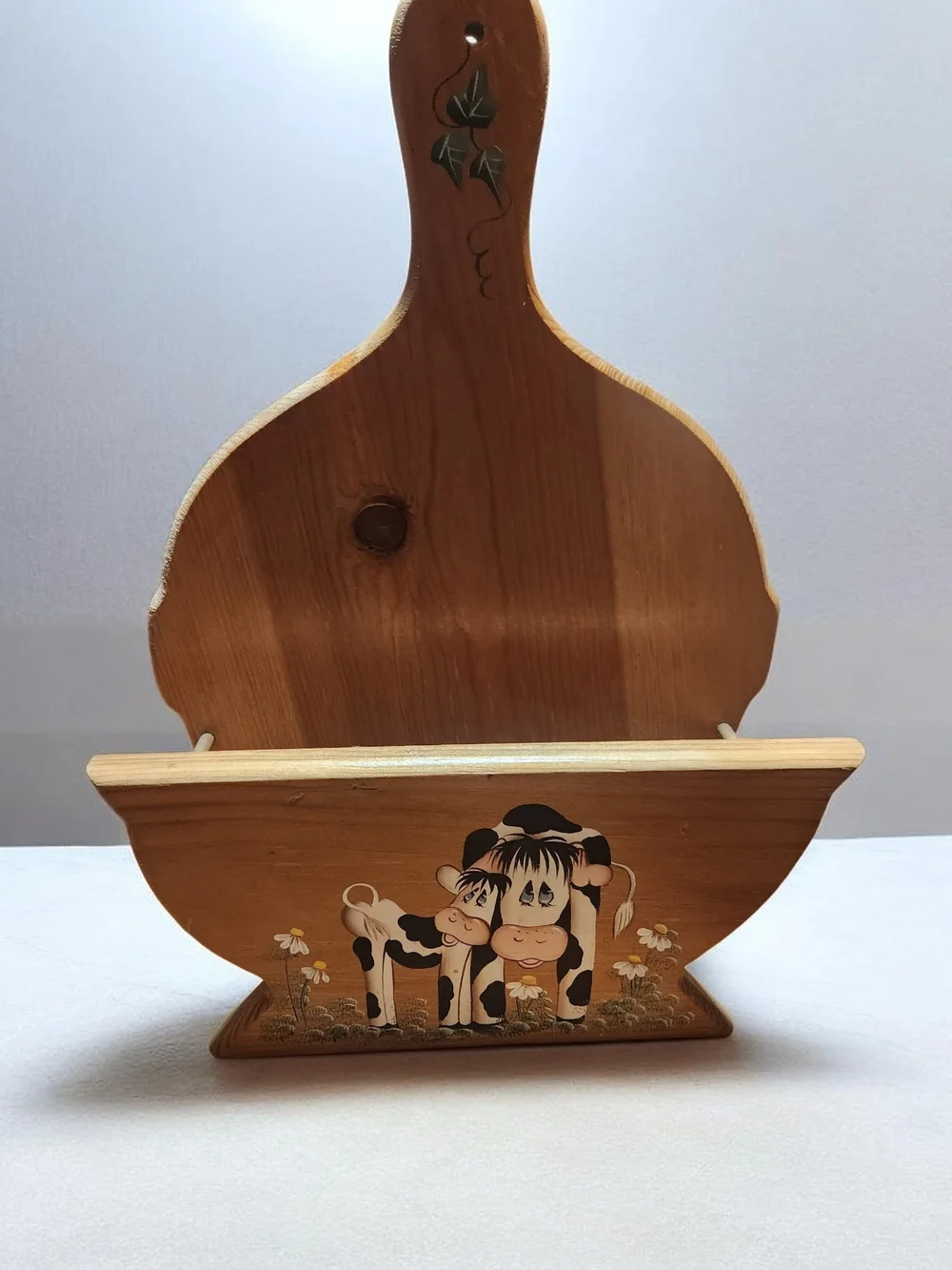Hand-Painted Cow Wood  Paperplate  Holder - Natural Wood